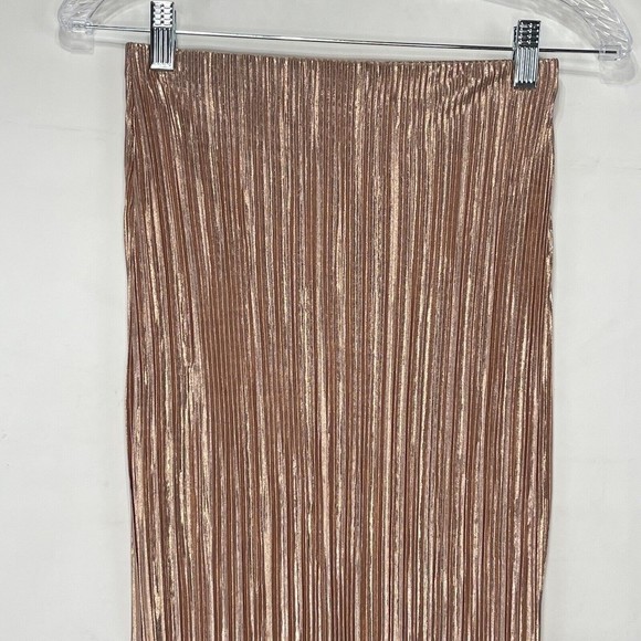 Women Metallic Golden Midi Skirt Size 4 Pleated Stretch - Picture 5 of 11